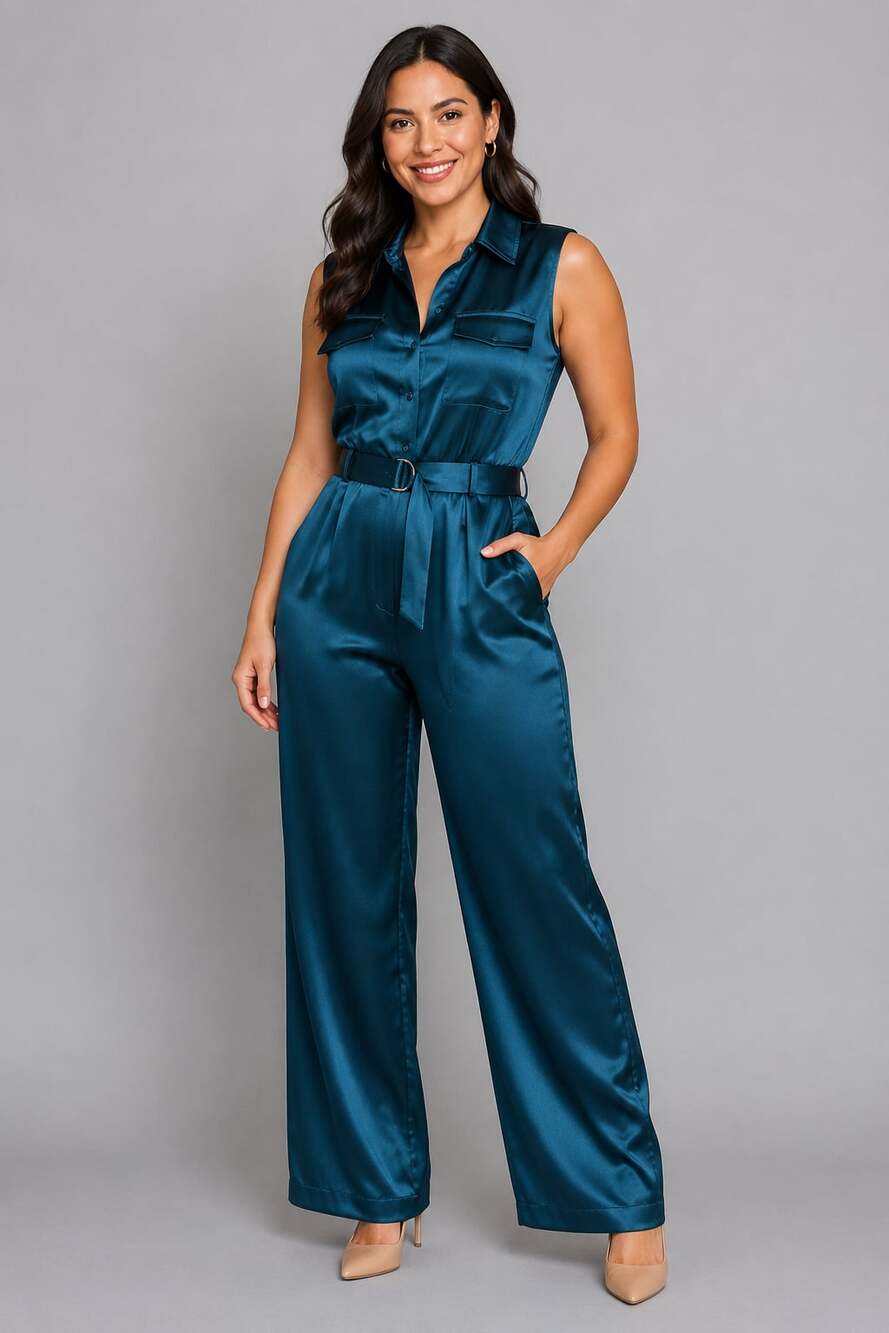 INC Teal Satin Sleeveless Button Front Belted Jumpsuit Size 6